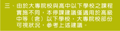 三、由於大專院校與高中以下學校之課程時師不同，本停課建議僅適用於高級中等（含）以下學校，大專院校部份可視狀況，參考上訴建議。